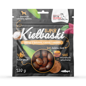 Syta Micha Super Kiełbaski z pstrągiem, batatem, cukinią i kokosem 100g