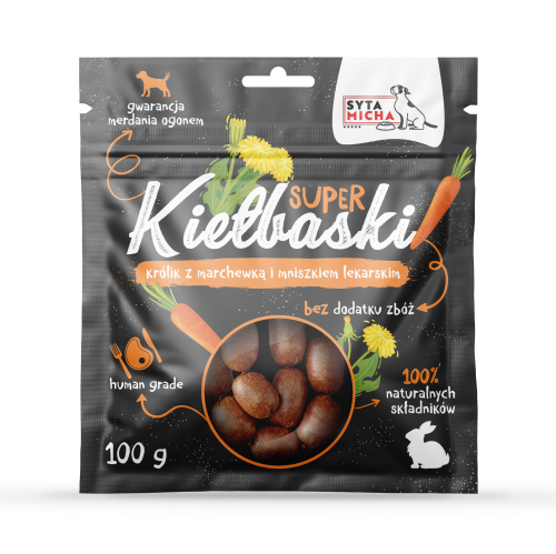 Syta Micha Super Kiełbaski z królikiem, marchewką i mniszkiem 100g