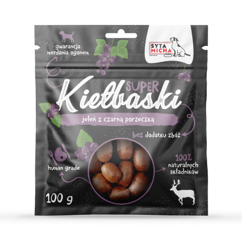Syta Micha Super Kiełbaski z jeleniem i czarną porzeczką 100g