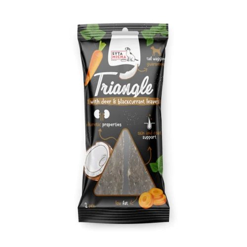 Syta Micha Trójkąt jeleń z kokosem i liśćmi czarnej porzeczki - gryzak dla psa 13cm - 2 szt.webp