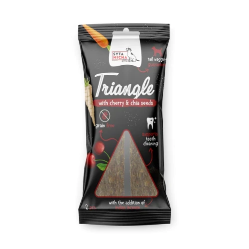 Syta Micha Trójkąt struś z wiśnią i nasionami chia - gryzak dla psa 13cm - 2 szt.webp