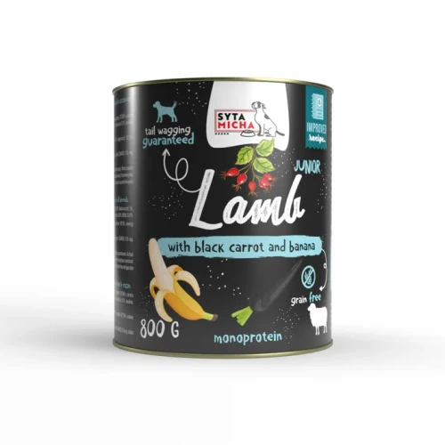 Syta Micha CLASSIC karma mokra dla szczeniąt jagnięcina z czarną marchwią i bananem 800g
